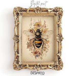 Estampado de abejas boho con flores silvestres, decoración de abejorros melancólicos, imprimible botánico, abeja floral de estilo académico oscuro, póster vintage de pared con abejas de estilo cottagecore