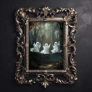 Three cute ghosts on a swing in fall woods print, dark academia, victorian gothic spooky decor, horror vintage creepy goth wall art painting