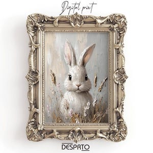 May include: A digital print of a white rabbit with long ears in a field of tall grass. The rabbit is looking directly at the viewer. The background is a soft blue and white.