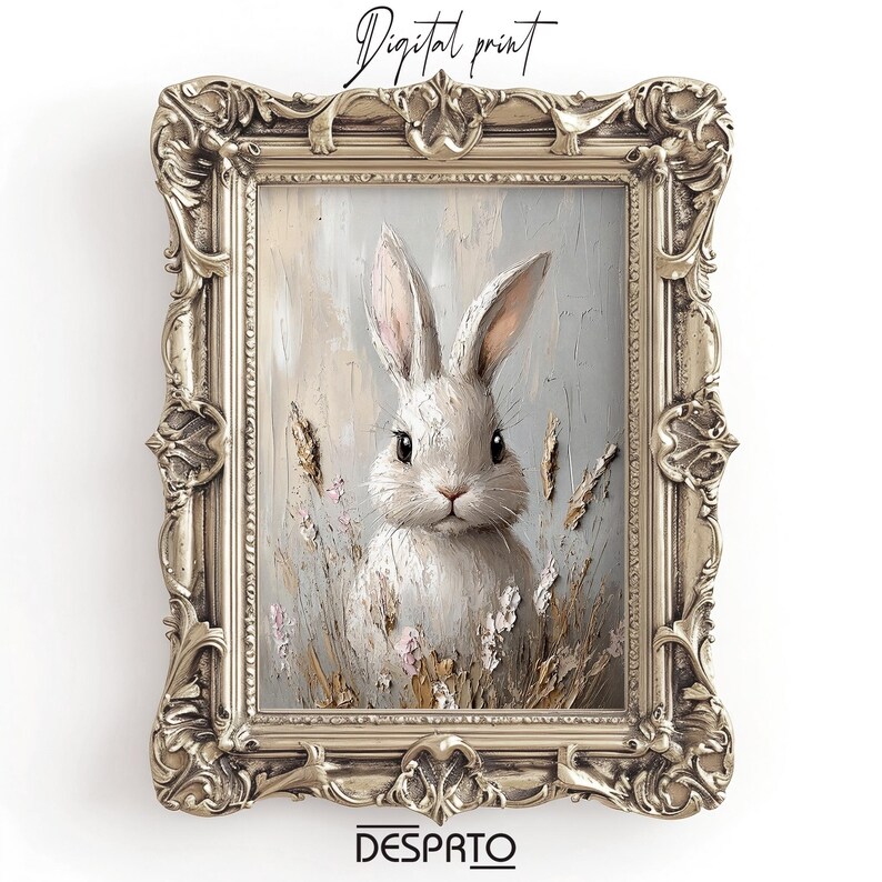 May include: A digital print of a white rabbit with long ears in a field of tall grass. The rabbit is looking directly at the viewer. The background is a soft blue and white.