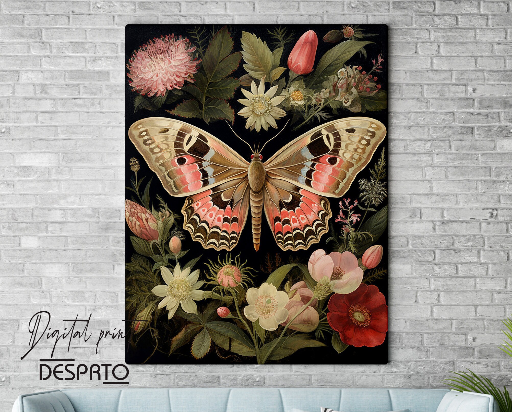 Botanical Butterfly Wall Art Print, Dark Academia Decor (digital ...