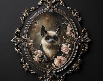 Bat with flowers print, woodland bat wall print, floral bat dark cottagecore decor, dark aesthetic, forestcore gothic oil painting