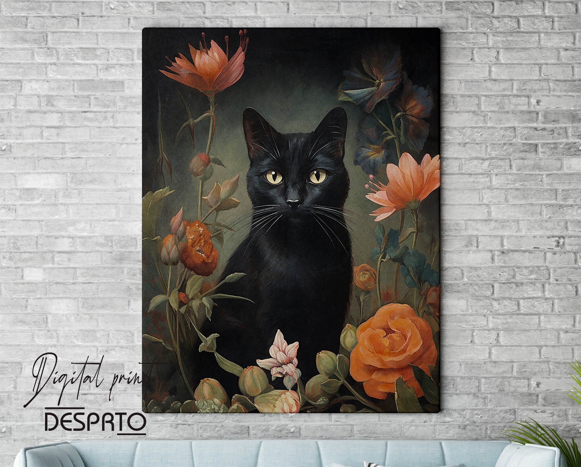 Flower Black Cat Print, Floral Lover Cat Poster, Vintage