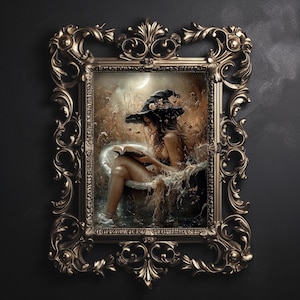 Hexe in der Badewanne liest Buchdruck, Badezimmer dunkel Academia, launisches Gothic witchy Dekor, Vintage Herbstplakat, Hexe rustikal druckbar