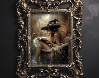Impresión de libro de lectura de bruja en la bañera, academia oscura en el baño, decoración gótica de brujas melancólicas, póster vintage de otoño, bruja rústica imprimible