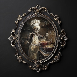 Skeleton in kitchen print, victorian kitchen  skeleton portrait,  dark academia, skull spooky decor, vintage poster, gothic oil painting