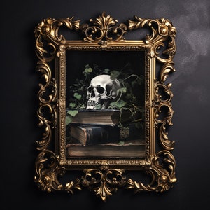 Floral books skull portrait print, dark academia, halloween printable, spooky decor, vintage poster, gothic oil painting, botanical skeleton