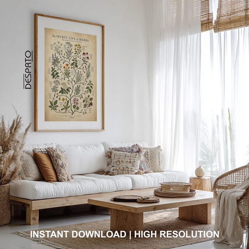 May include: A framed wall art print titled The Secret Life of Herbs featuring a detailed botanical illustration of various herbs with labels on a beige background, displayed in a light wood frame hanging on a white wall above a white sofa.