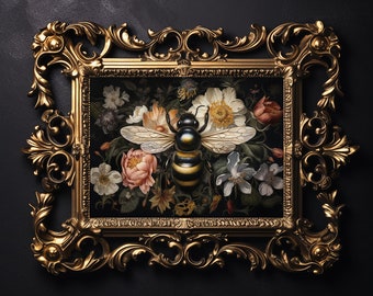 Moody Bumblebee Print, Dark Floral Botanical Art (Digital Download)