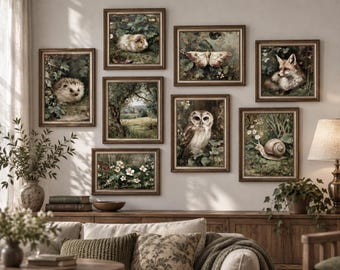 Dark Magical Forest Print Set of 8, Moody Woodland Animals, Goblincore Painting (Digital Download)