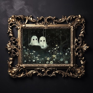Two cute ghosts on a swing in flower woods print, dark academia, victorian gothic spooky decor, horror vintage creepy goth wall art painting