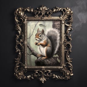 Squirrel in forest, botanical wall print, dark academia painting, woodland squirrel, animal forestcore decor, cottagecore printable