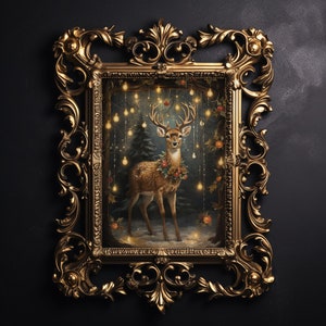 Rena com chifres em impressão de luzes de Natal, impressão de alce de inverno, decoração de veado сottagecore, pintura de feriado vintage, impressão de parede