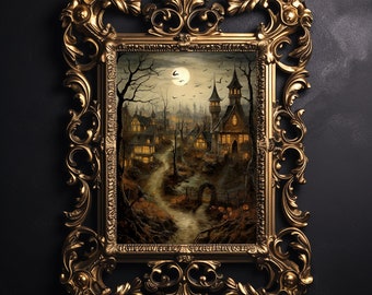 May include: A framed painting of a spooky village with a large, dark house in the center. The village is lit by lanterns and the moon is full and bright. The frame is ornate and gold.