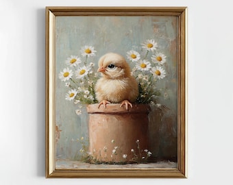 Easter Chicken Flower Pot Print, Rustic Cottagecore Wall Art Painting, Printable Vintage Nursery Decor