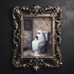 Ghost looking mobile phone on toilet print, dark academia, ghost bathroom portrait halloween printable vintage poster gothic painting