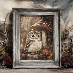Little owl in rain under mushroom forest wall print, antique painting, woodland owl animal forestcore decor, vintage cottagecore printable