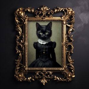 ゴシックな黒猫のドレスプリント、ダークアカデミアの絵画、ビクトリア朝のアート、魔女の装飾、猫好きへのギフト、コテージコアの印刷可能なアート