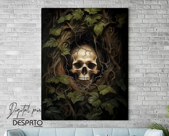 ツタの生えた木の洞の中の頭蓋骨、骸骨のポートレートプリント、花柄の