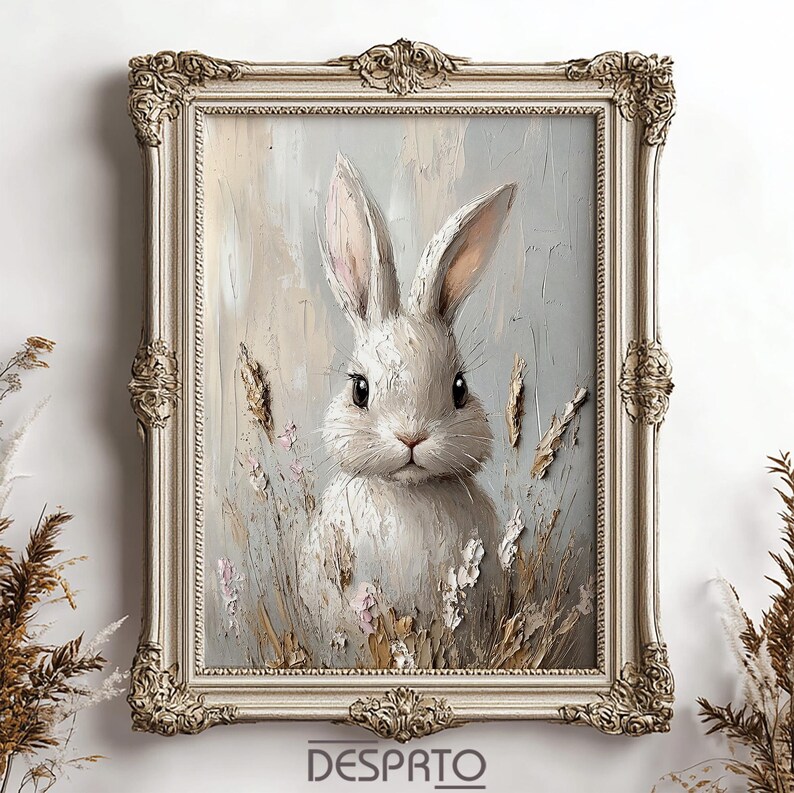 May include: A white rabbit with long ears sits in a field of tall grass and wildflowers. The rabbit has a soft, fluffy coat and looks directly at the viewer. The background is a soft, muted blue and the painting is framed in a gold ornate frame.