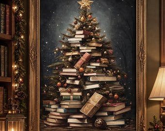 Books Christmas tree print, winter rustic printable, light academia decor, vintage holiday painting wall art