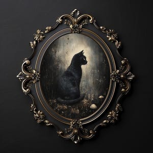 黒猫のプリント、ムーディな猫のビンテージポスター、ダークアカデミアのプリント、ダークコテージコアの装飾、ゴシック油絵、アンティークのプリント装飾