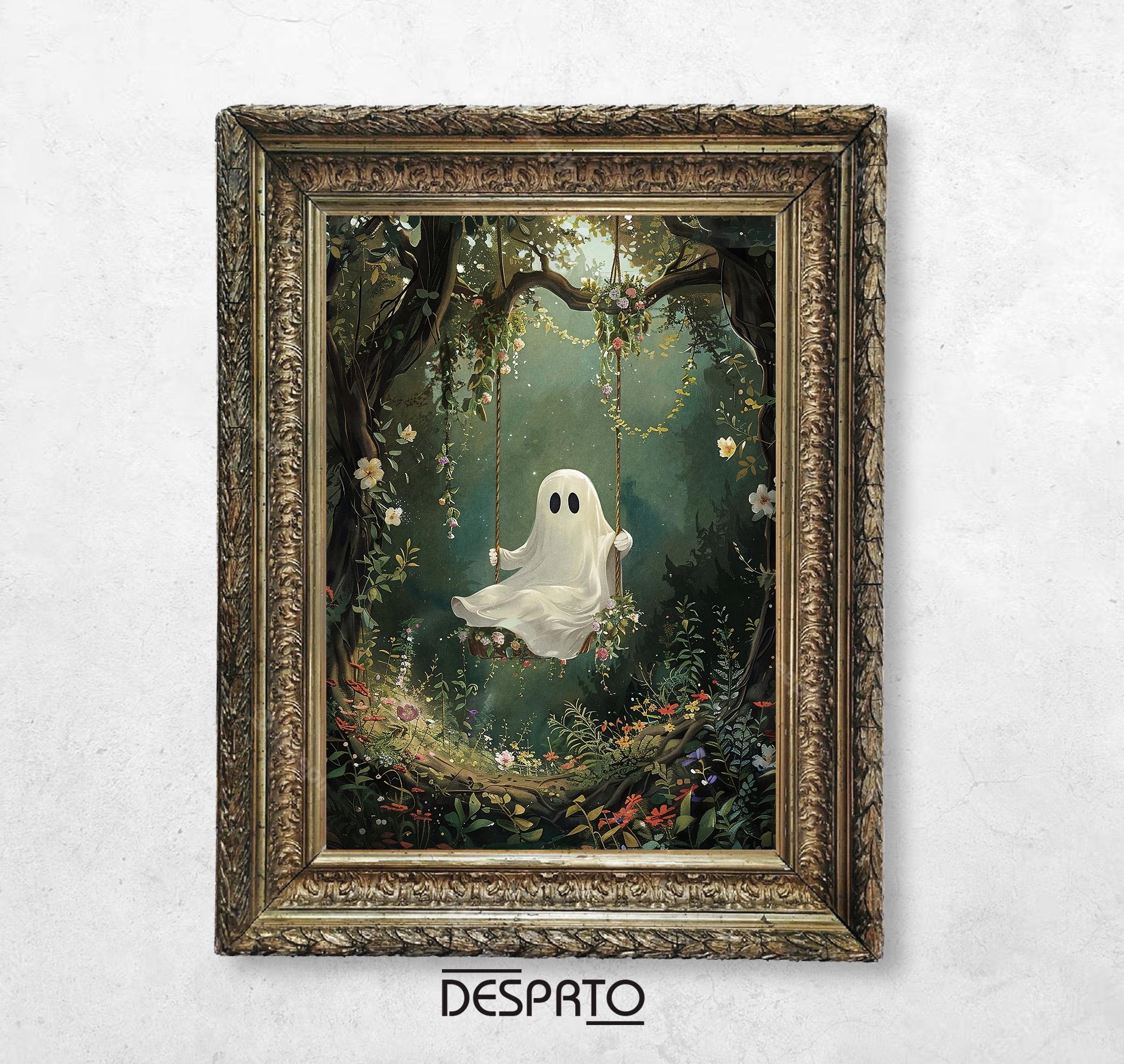 Cute Ghost on Swing in Green Flower Forest Print, Dark Academia, Ghost ...