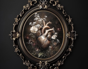 Human Heart with Flowers Print, Anatomical Vintage Poster, Dark Academia Anatomy Wall Art, Gothic Romantic Medical Illustration