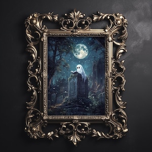 Impresión de fantasma en cementerio iluminado por la luna, academia oscura, decoración oscura de cementerio melancólico, póster vintage de Halloween, pintura al óleo gótica, fantasma lee un libro