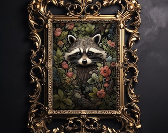 Raccoon Floral Botanical Print, Dark Academia Wall Decor (Digital Download)