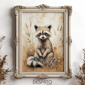 Raccoon boho print, rustic raccoon cottagecore print, animal wall art painting decor, raccoon printable vintage poster, nursery decor