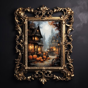 Old Germany with pumpkins, halloween village countryside print, farmhouse dark academia, cottagecore decor, vintage poster, gothic painting