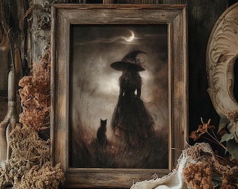 Witch girl walking with cat in field print, Halloween dark academia, witchy farmhouse decor, vintage fall poster, witch rustic printable