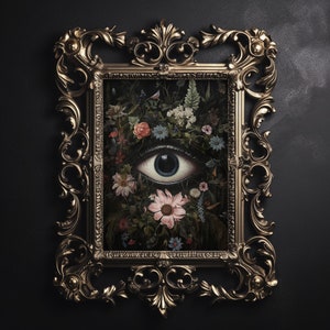 Auge in launigem dunklen Blumendruck, botanische Pupille zum ausdrucken, wilde florale dunkle Academia, Cottagecore Wandkunst, Vintage Poster