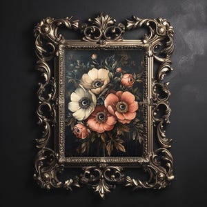 Estampado de flores oscuras y melancólicas con ojos, extraña decoración floral de brujas, póster de ojos místicos, imprimible gótico macabro, academia oscura salvaje vintage