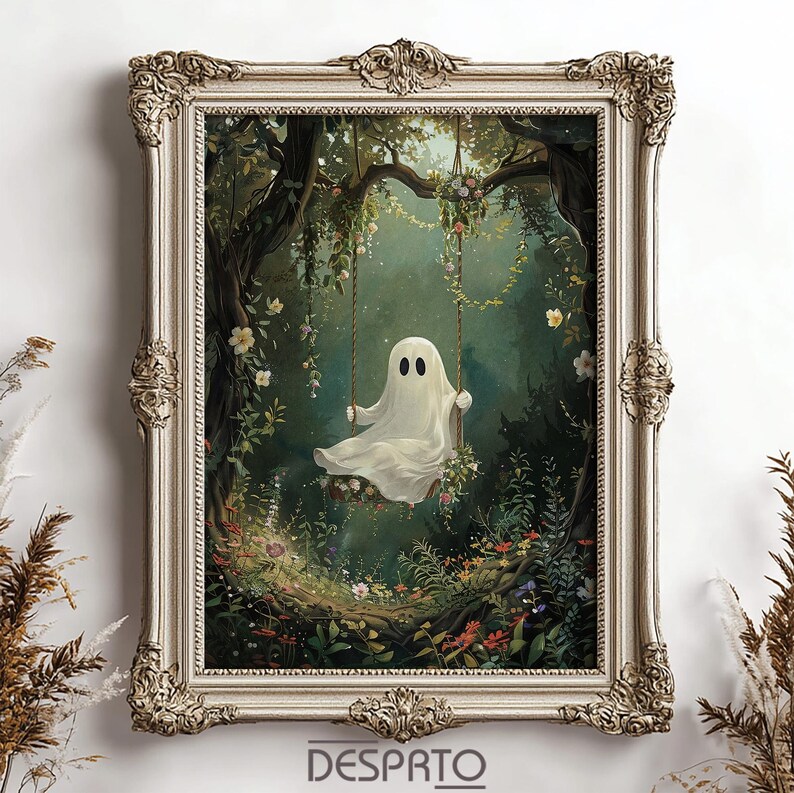 Cute Ghost on Swing in Green Flower Forest Print, Dark Academia, Ghost ...