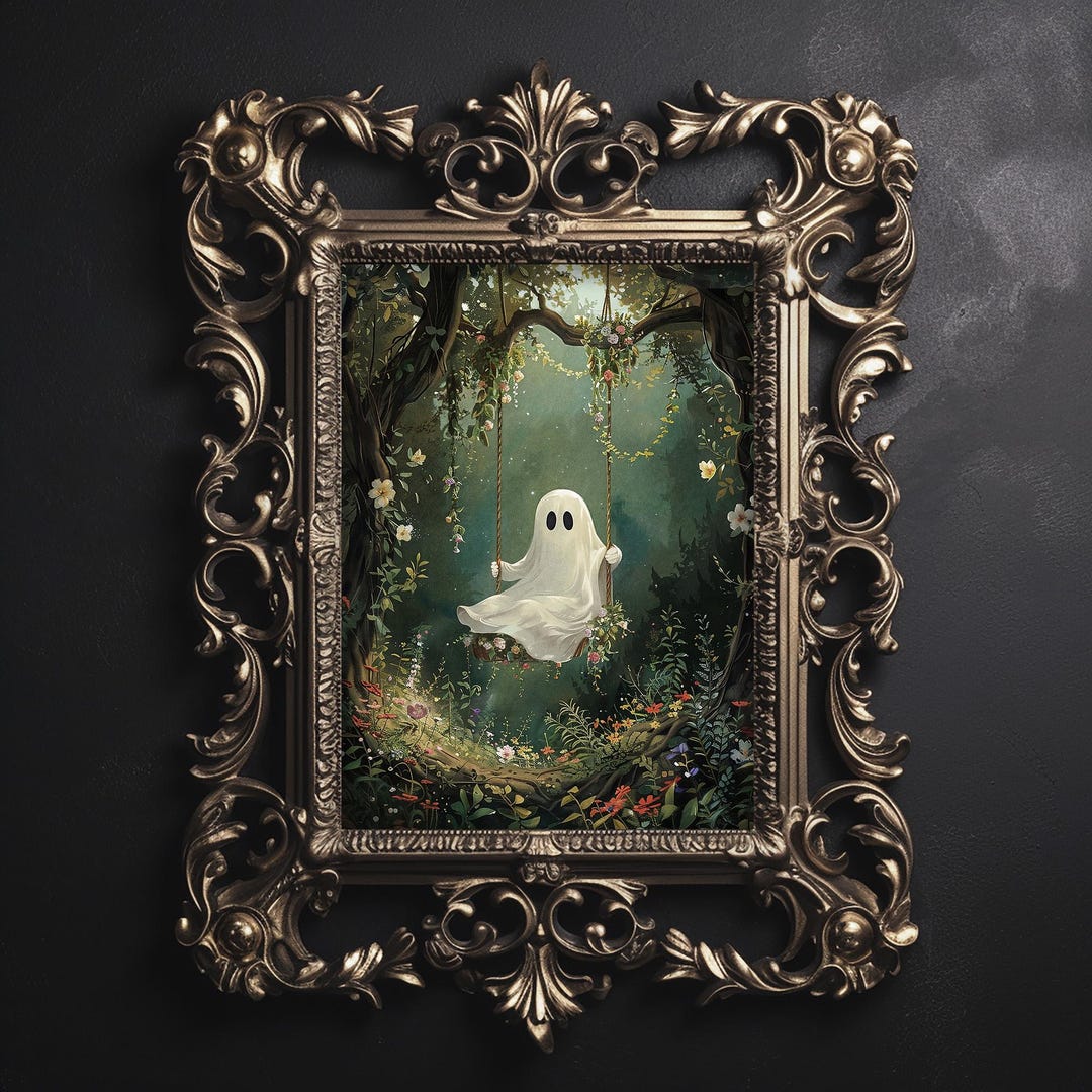 Cute Ghost on Swing in Green Flower Forest Print, Dark Academia, Ghost ...