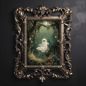 Cute ghost on swing in green flower forest print, dark academia, ghost gothic spooky decor, horror vintage creepy goth wall art painting