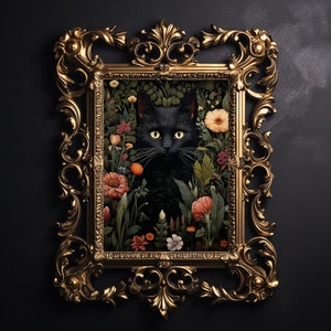 Blumenliebhaber schwarze Katze Druck, Blumen Katze Vintage Poster, dunkle Academia druckbare, dunkle Cottagecore Dekor, gothic Ölgemälde