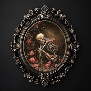 Skeleton in roses print, flower skeleton dark academia, halloween printable, spooky decor, vintage poster, gothic oil painting, flower skull