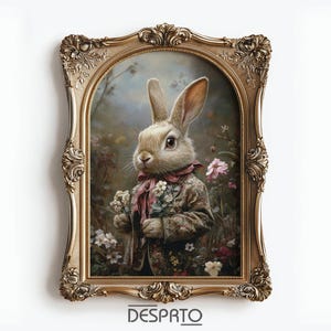 May include: A framed painting of a white rabbit wearing a floral patterned jacket and a pink bow. The rabbit is holding a bouquet of white flowers and is standing in a garden setting with pink flowers.