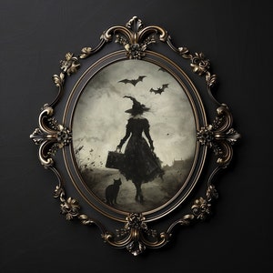 Chica bruja caminando con gato en el campo impreso, academia oscura de Halloween, decoración de granja de brujas, cartel de otoño vintage, bruja rústica imprimible