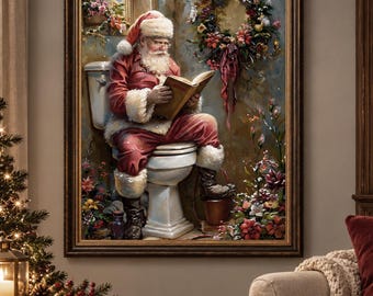 Santa Claus Reading on Toilet, Funny Christmas Art (Digital Download)
