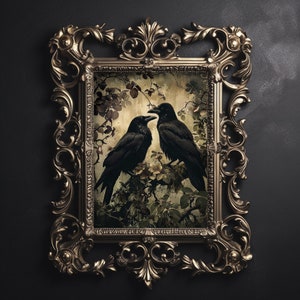 Two ravens in moody floral forest printable, crow portrait wall print, dark academia decor, raven printable, vintage poster, gothic painting