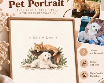Custom Watercolor Two Pets Portrait, Dog & Cat Together, Digital Download (Pet Memorial Gift)