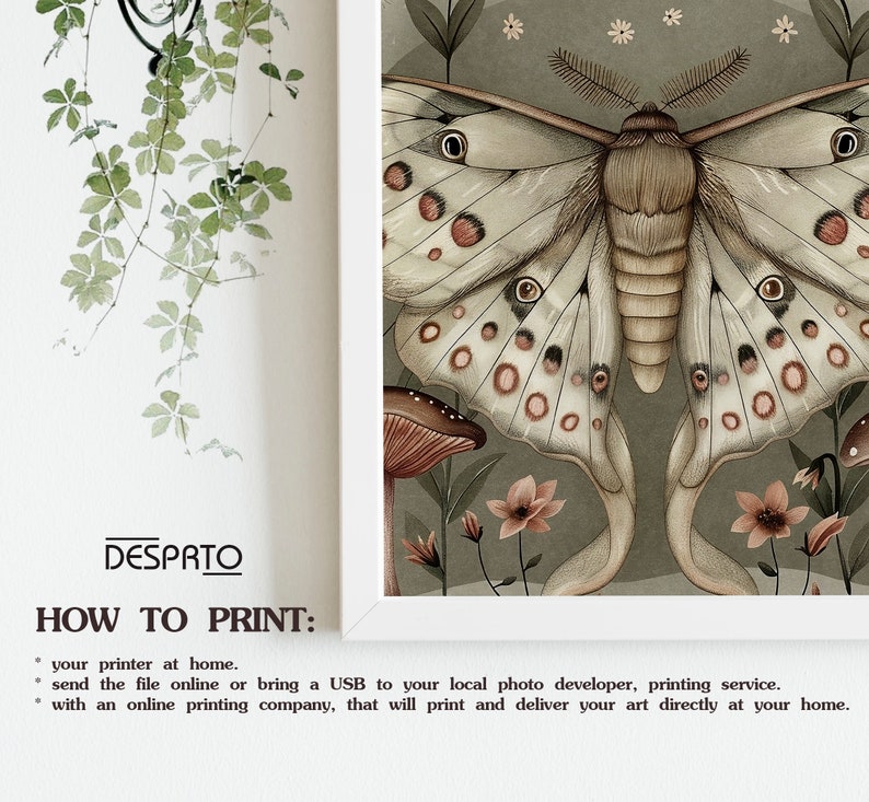Boho Sage Green Vintage Butterfly Print, Moody Moth Wall Decor ...