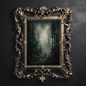 Immergrüner Baum stimmungsvoller Wald, tiefer Fichtenwaldfarn, Walddruck, dunkler Academia-Dekor, Vintage ästhetische Goblinkernmalerei
