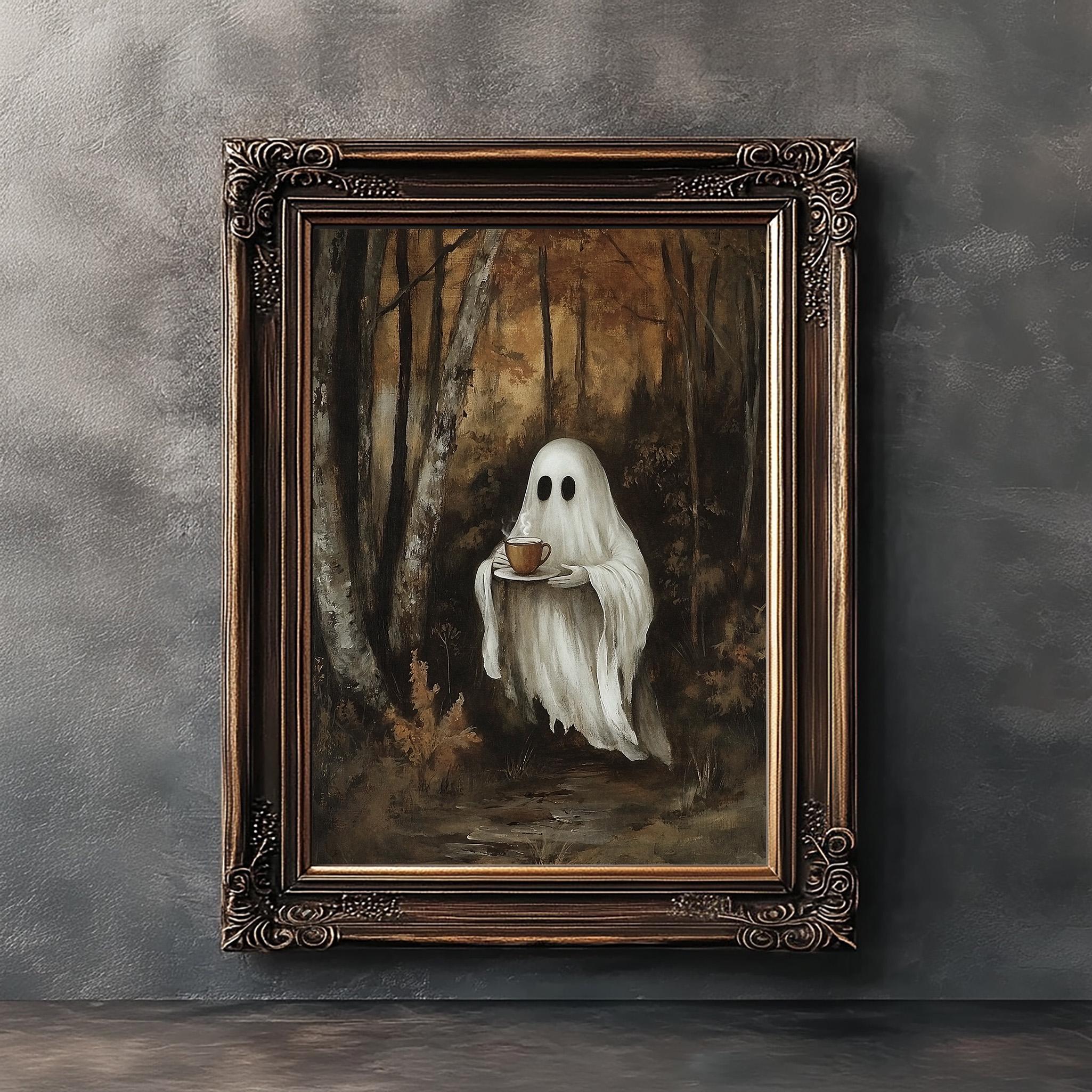 Ghost Drinking Coffee in Fall Forest Print, Ghost Tea Whimsical