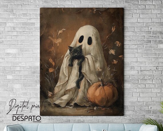 Cute Ghost Hugging Black Cat – Vintage Halloween Pumpkin Wall Art