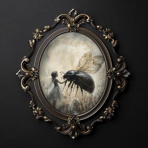 Fairy with beetle print, vintage fairy digital painting, fairycore wall art, fairy aesthetic wall decor, moody antique printable decor